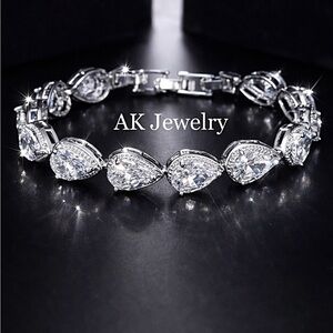💎LUXURY WHITE GOLD BRACELET Teardrop CZ Diamond Tennis, 14 Pave Brilliance